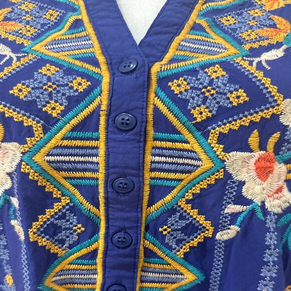 ANTHROPOLOGIE LUNA MOON Floral Embroidered Boho Tunic Royal Blue Sz S - Picture 12 of 14